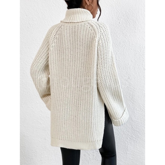 Casual Pullover Sweater Cable Knit Turtleneck Light Beige High Neck Long Sleeve - Picture 4 of 8